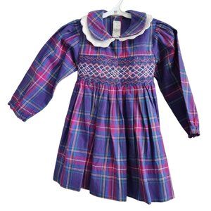 Vintage Lord & Taylor Smocked Plaid Belted Cotton Dress Purple Size 3T